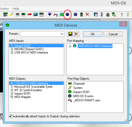A screenshot of MIDI-OX showing a MIDI keyboard selected in the MIDI-IN pane, and the Midisport selected in the MIDI-OUT pane.